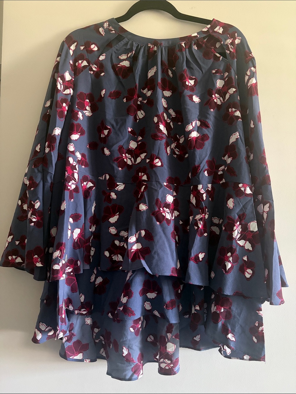 Lane Bryant Navy Floral Tiered Blouse with Burgundy & White Blossoms